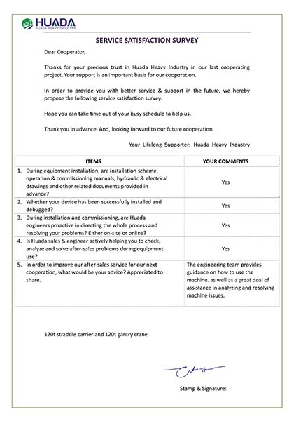 120T straddle carrier & 120T gantry crane client testimony